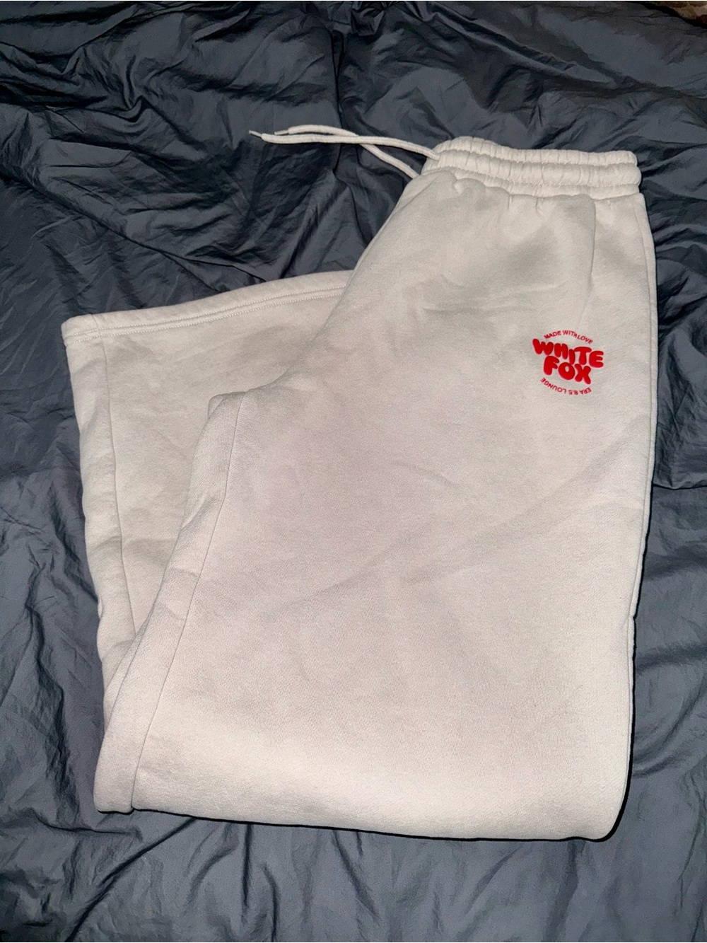 White Fox Boutique White Sweatpants with Red Logo